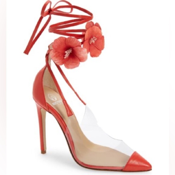 Brother Vellies De Fleur Ankle Tie Pointed Toe Pumps Red Orange PVC Sz 6 - Picture 1 of 15